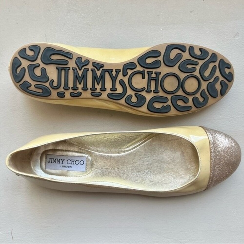 Jimmy Choo Tan Beige Ballet Flats with Sparkly Gold Toe Women's Size EU 39.5